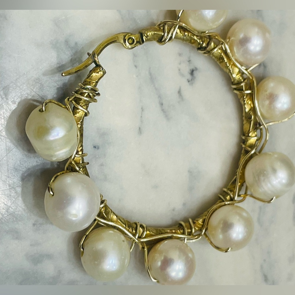 Handmade Pearl Hoop Earrings Gold Tone Artisan Wire Wrapped Statement Jewelry - Picture 5 of 14